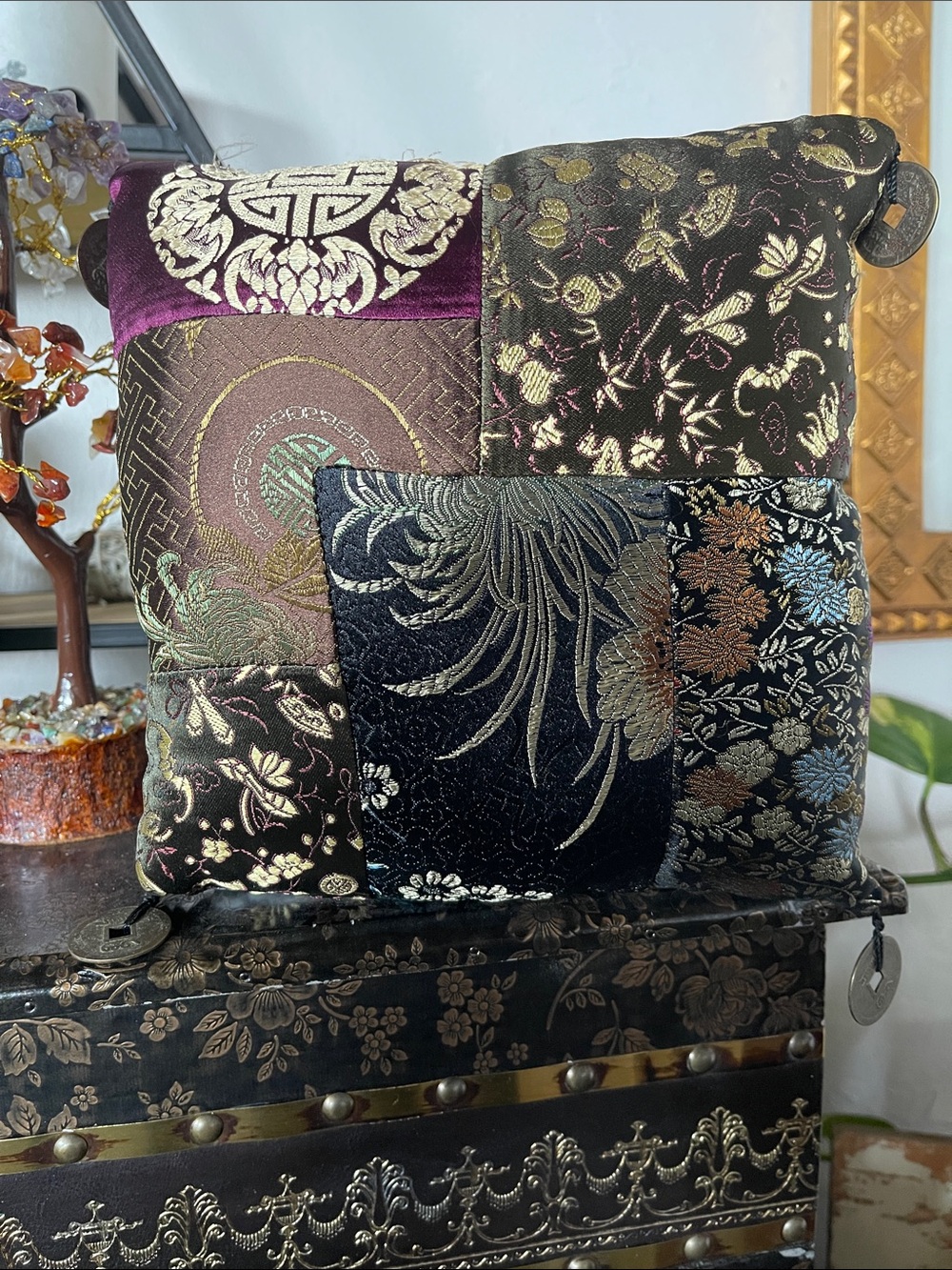Decorative Patchwork Silk Throw Pillow - Black & Purple Pier One